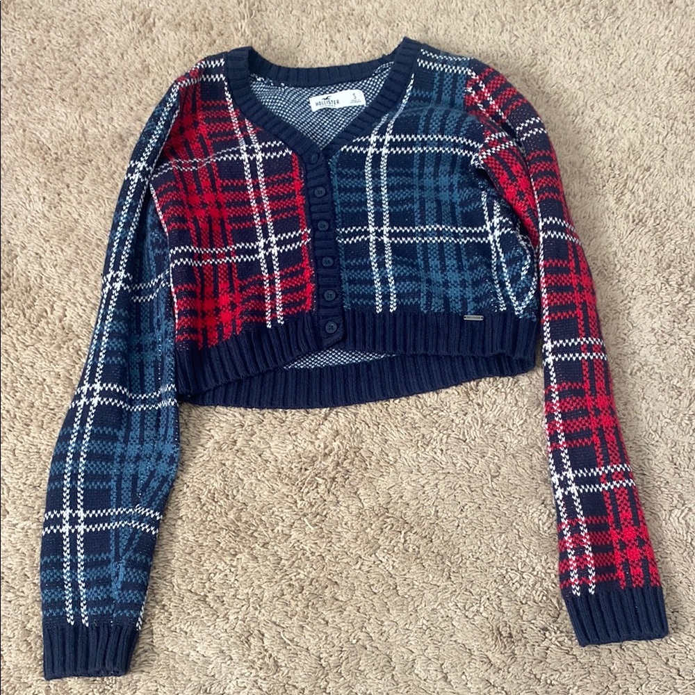 Hollister Red and Blue Cardigan Sweater Plaid Design